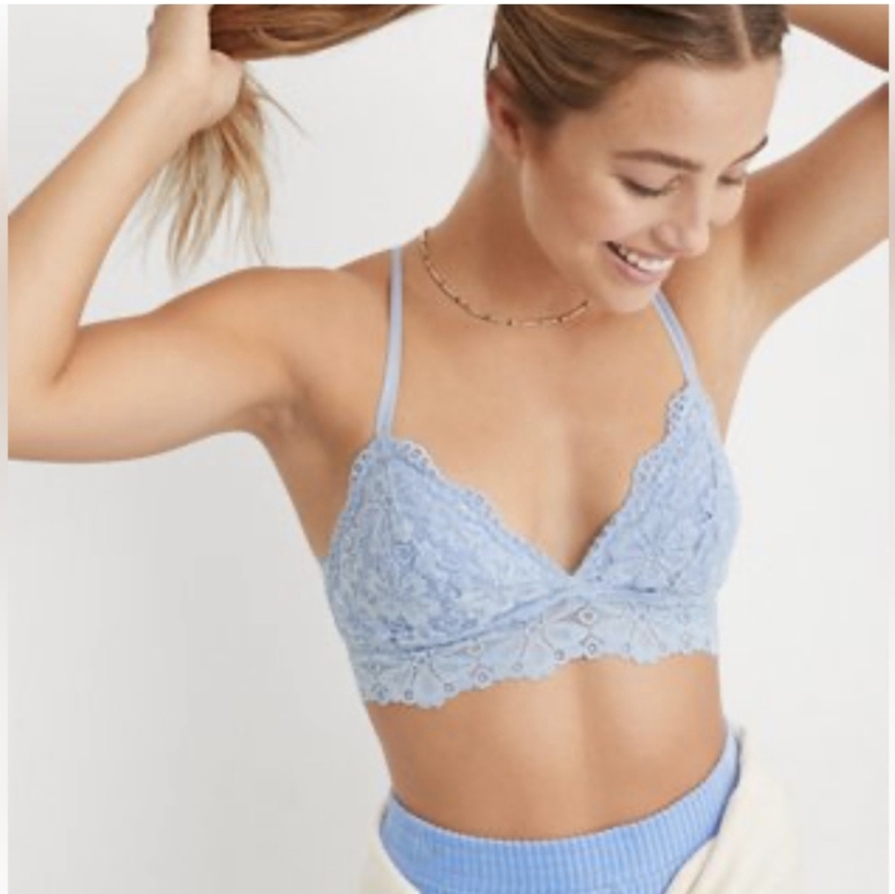 NEW aerie | Triangle 4 Strap Strappy Bralette Lace Floral Plunge Bra Blue Gold M - Picture 14 of 14